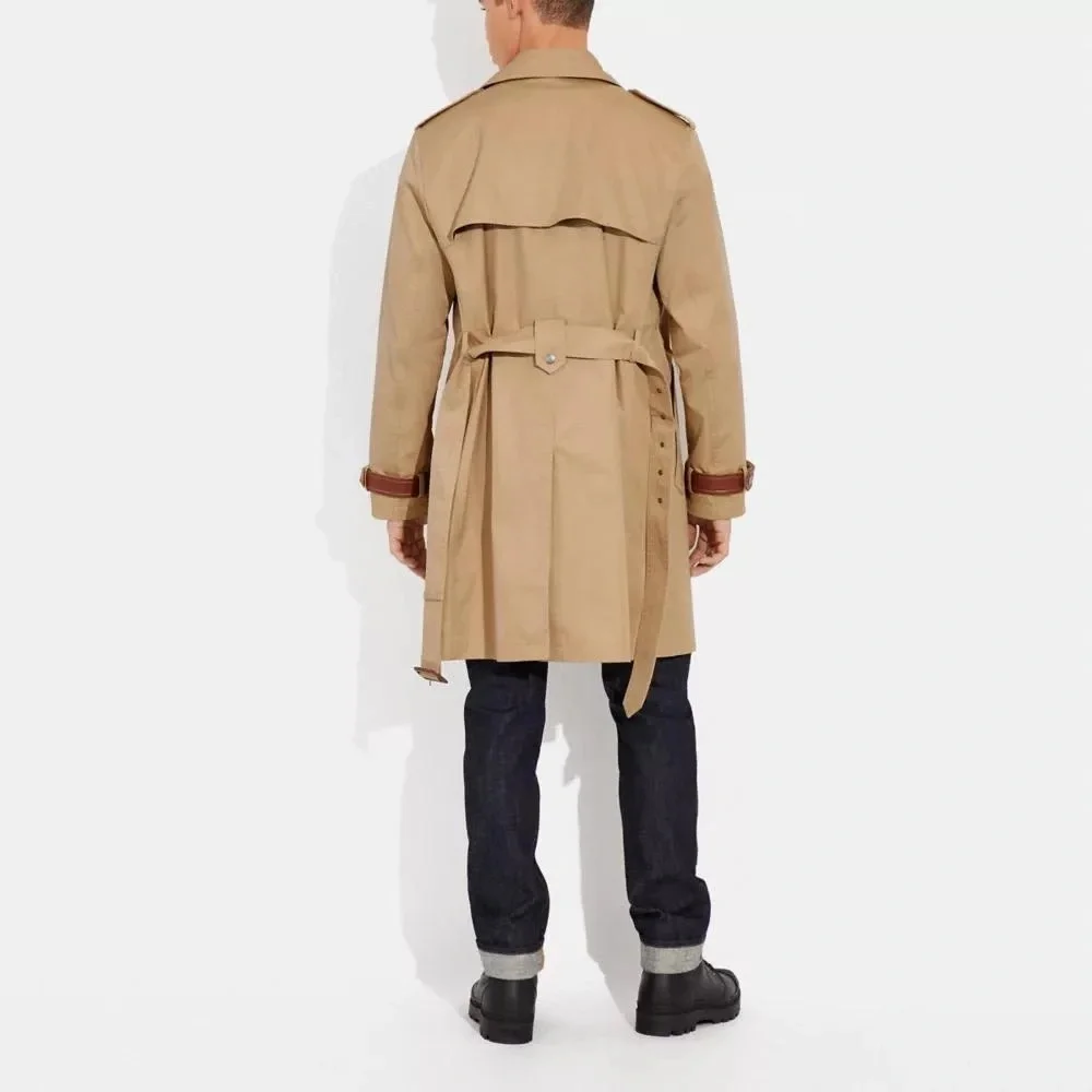NWT COACH Men’s Trench Coat Khaki Beige Color Size XXL Leather details - Picture 3 of 16
